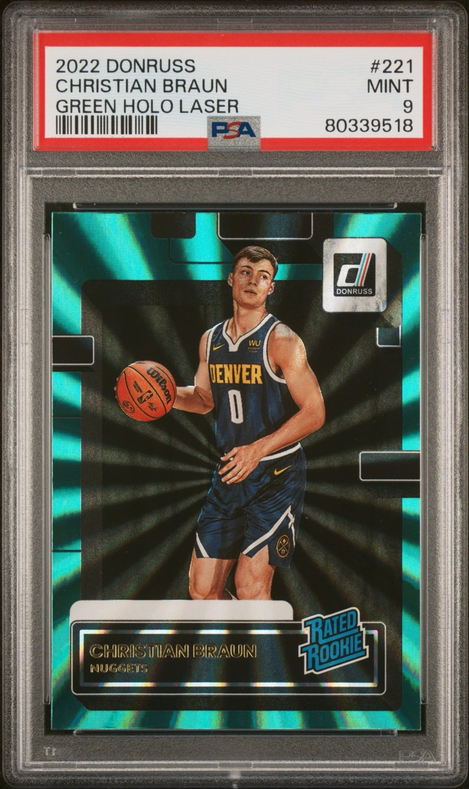 2022 PANINI DONRUSS #221 CHRISTIAN BRAUN GREEN HOLO LASER PSA 9 (POP 10)